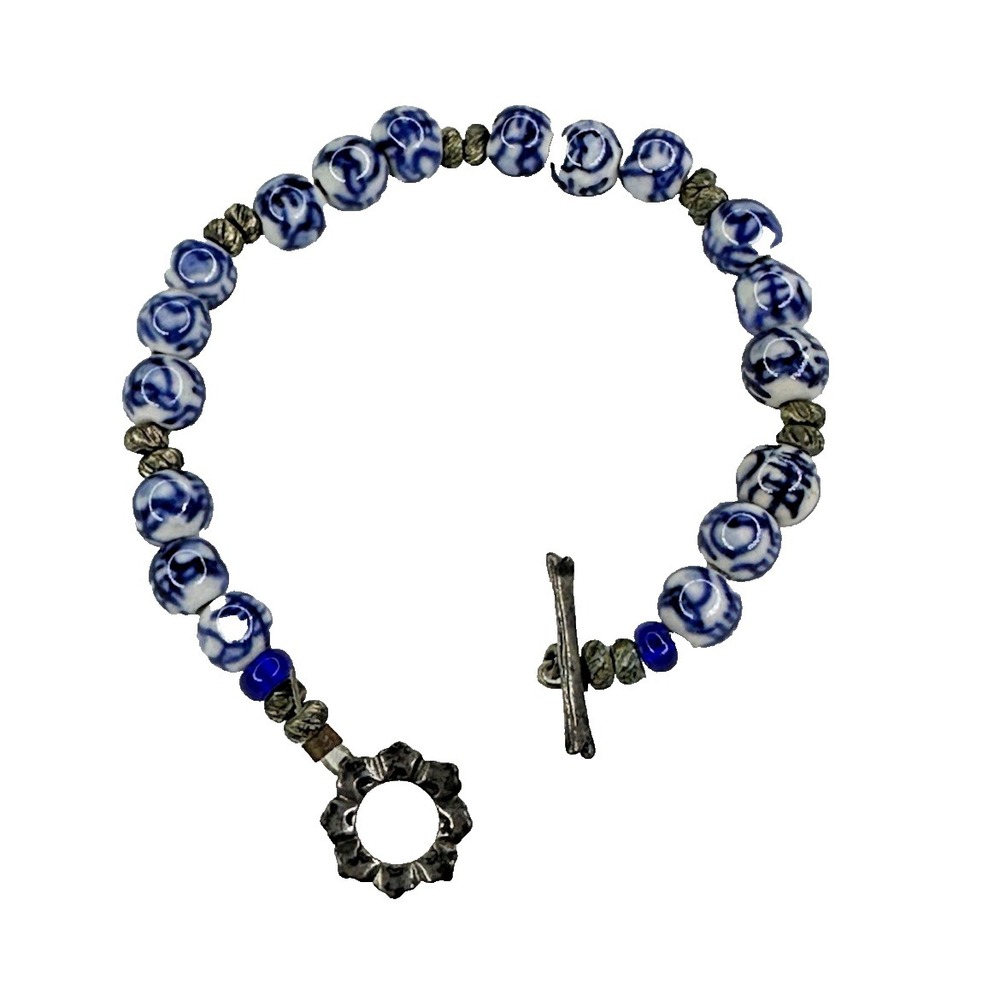 Bracelet Blue Glass Bead Sterling Silver Toggle 6" Childs Small Vintage